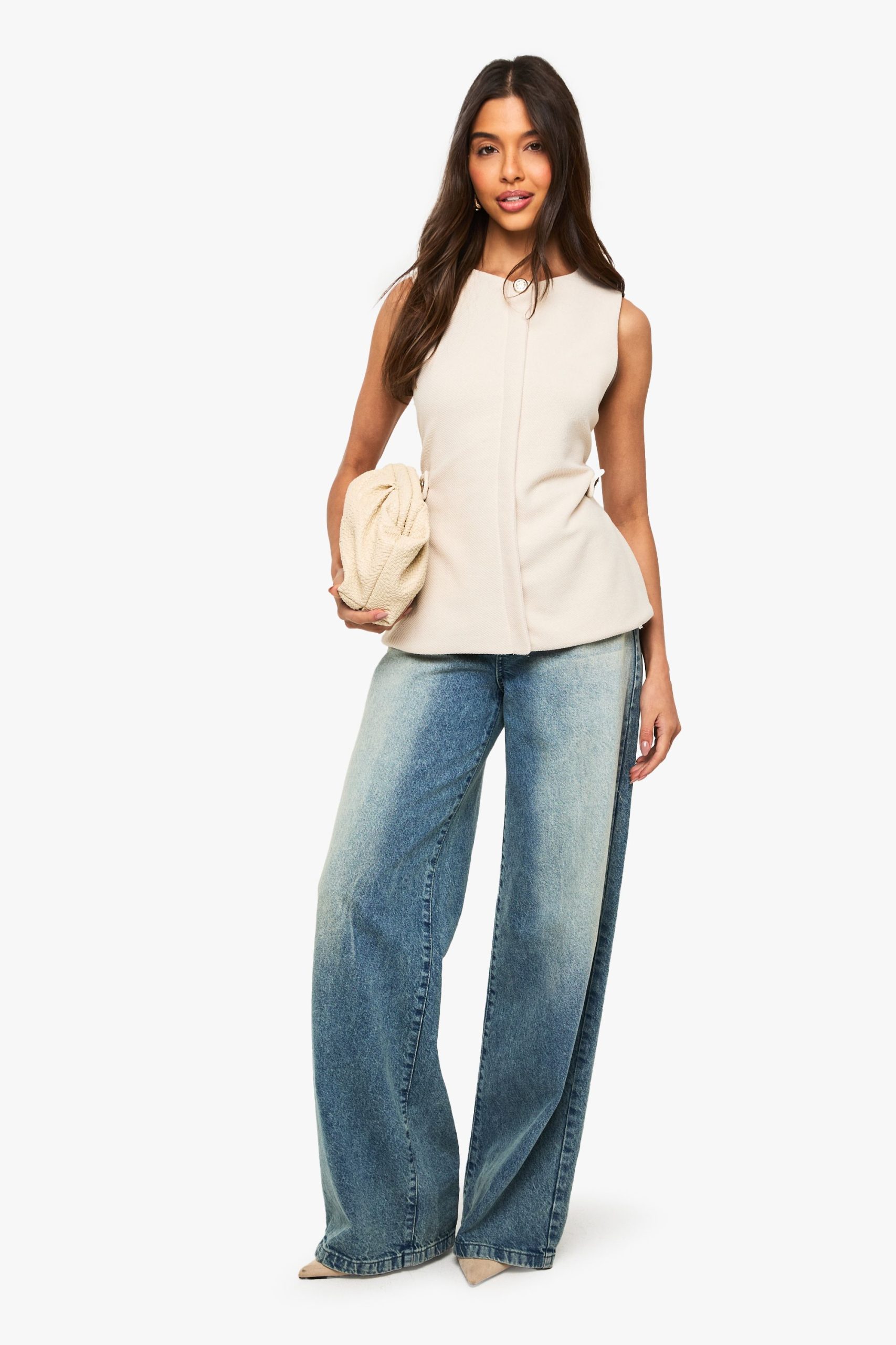 Textured Gold Button Cinched Waist Sleeveless Waistcoat - Image 3