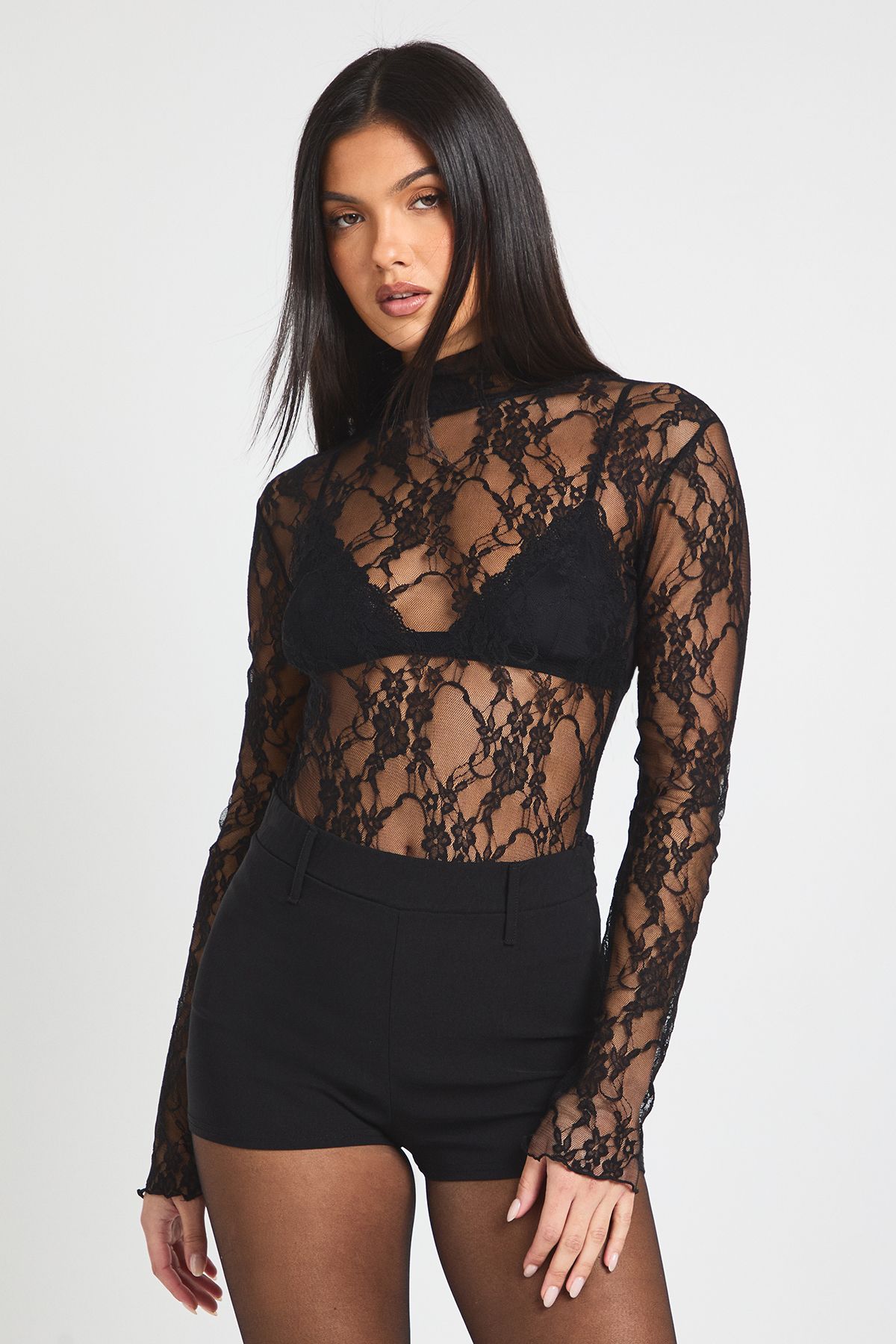 Lace High Neck Long Sleeve Bodysuit
