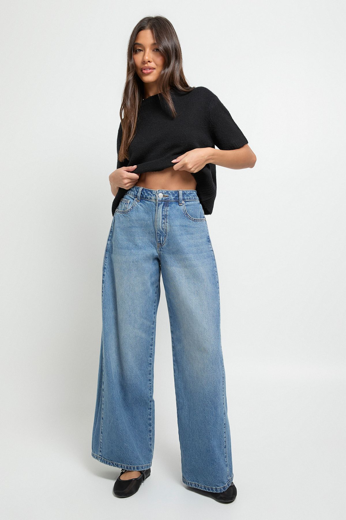 High Waist Panel Insert Super Wide Leg Jeans - Image 3