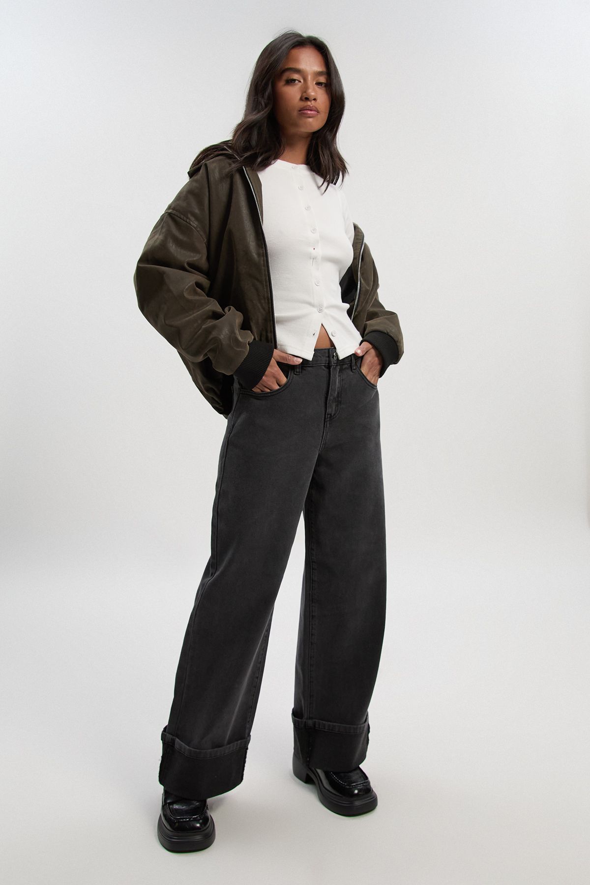 Petite Turn Up High Waist Straight Leg Jean