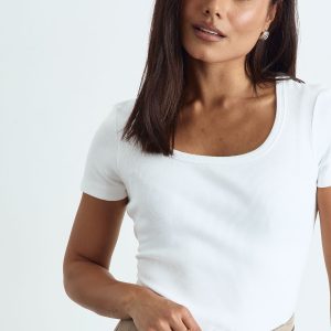 Basic Rib Scoop Neck Fitted Short Sleeve Top