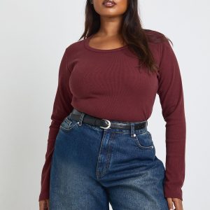 Plus Basic Rib Scoop Neck Longline Long Sleeve Fitted Top