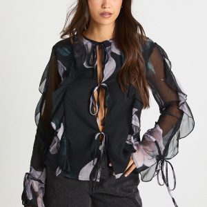 Floral Chiffon Tie Front Blouse