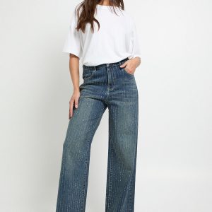 Striped Embellished Wide Leg Jean