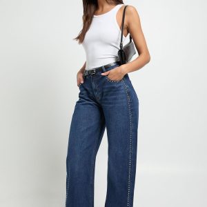 Studded Mid Waist Barrel Jean