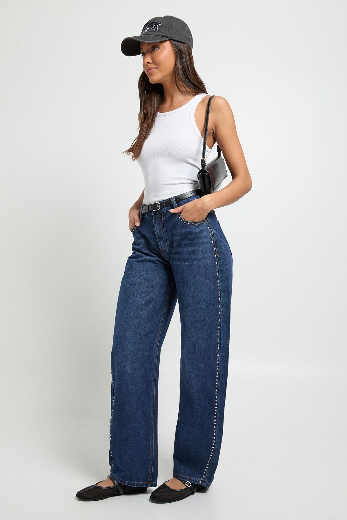 Studded Mid Waist Barrel Jean