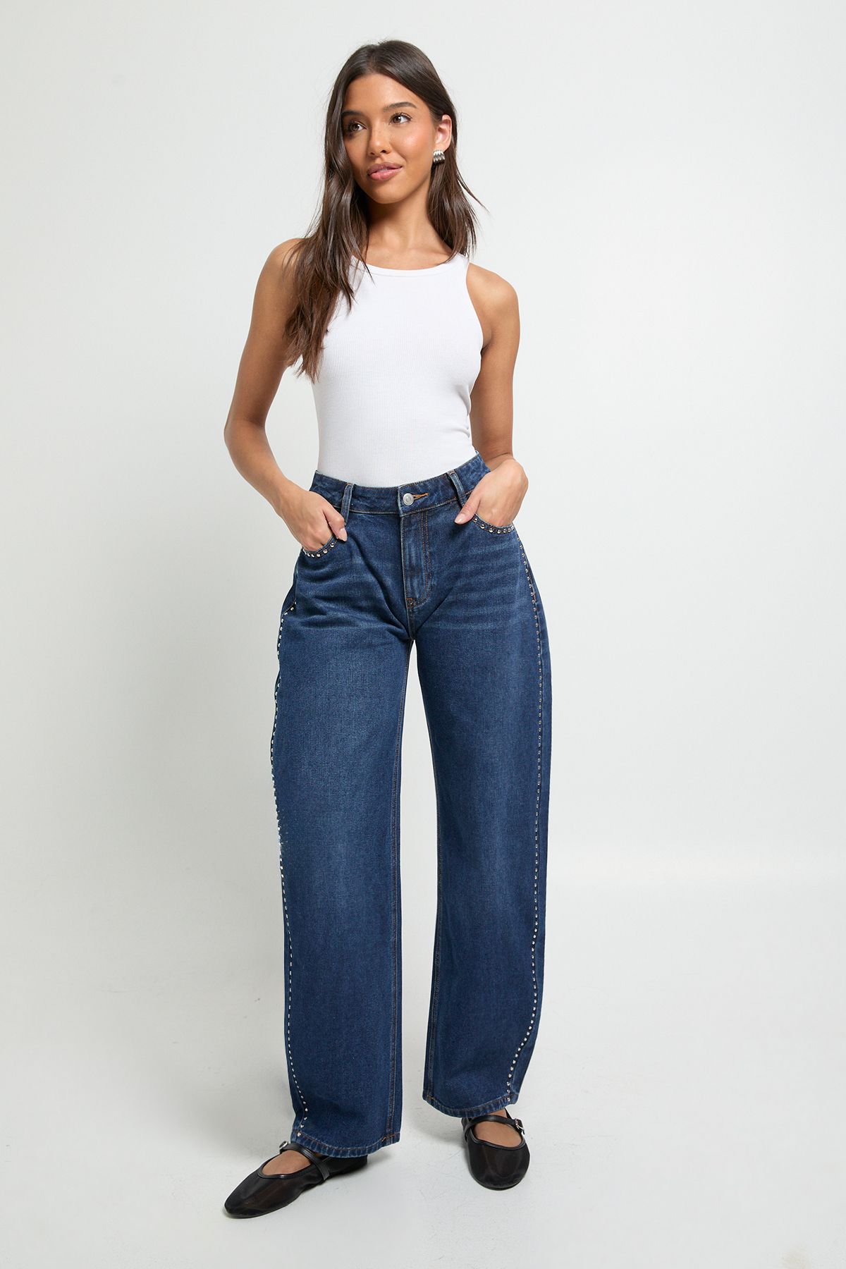 Studded Mid Waist Barrel Jean - Image 3