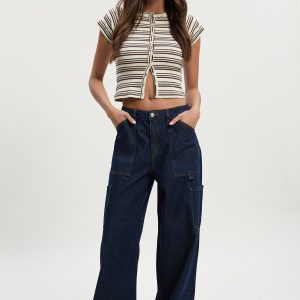 High Waist Loose Fit Carpenter Wide Leg Jean