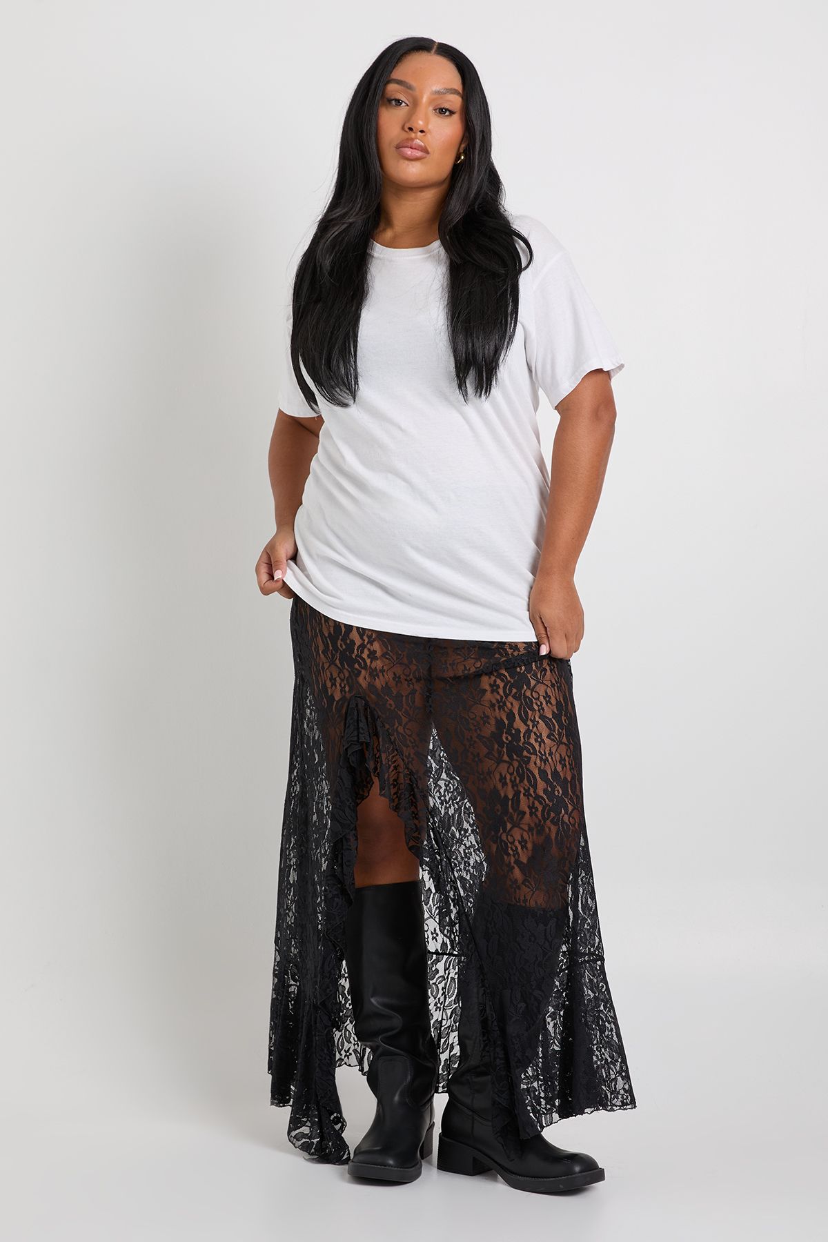 Plus Lace Split Ruffle Maxi Skirt