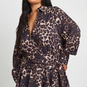 Plus Leopard Ruffle Mini Skirt Shirt Dress