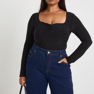 Plus Long Sleeve Double Layer Ruched Front Bodysuit