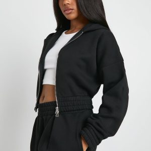 Cropped Double Zip Cinched Waist Hoodie
