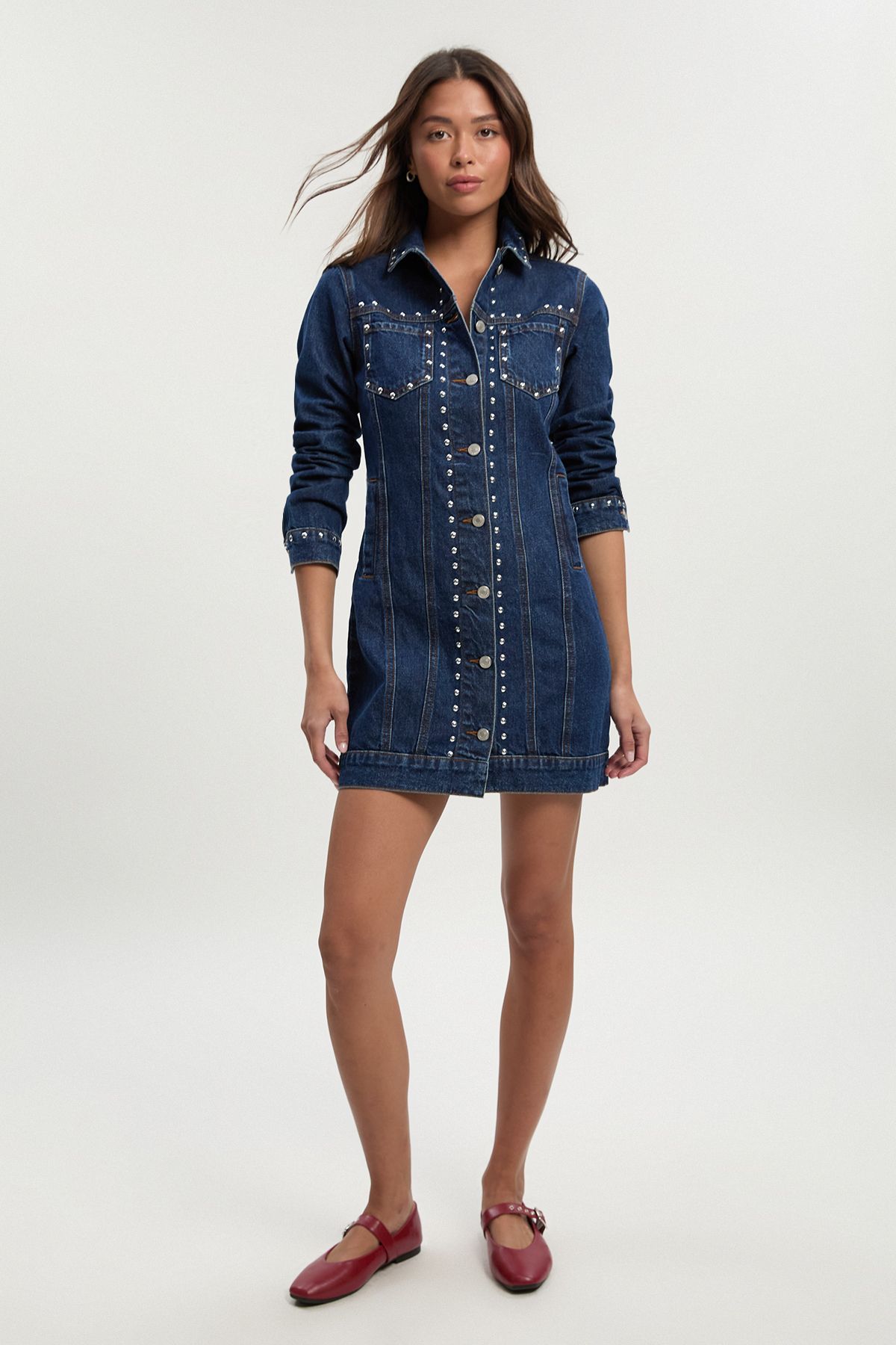 Studded Western Denim Mini Dress - Image 3