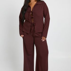 Plus Tie Front Detail Long Sleeve Top and Wide Leg Trouser Co Ord