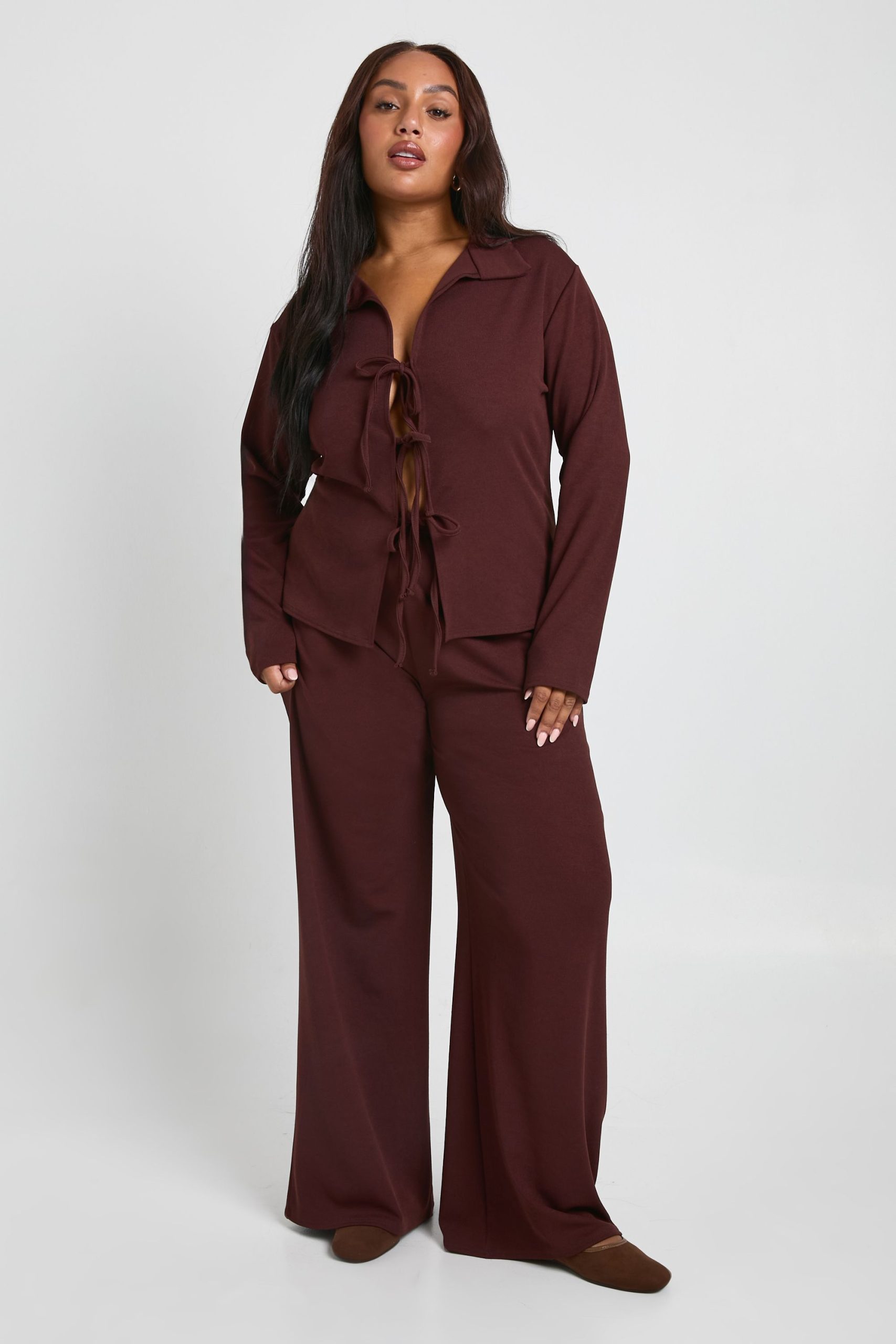 Plus Tie Front Detail Long Sleeve Top and Wide Leg Trouser Co Ord