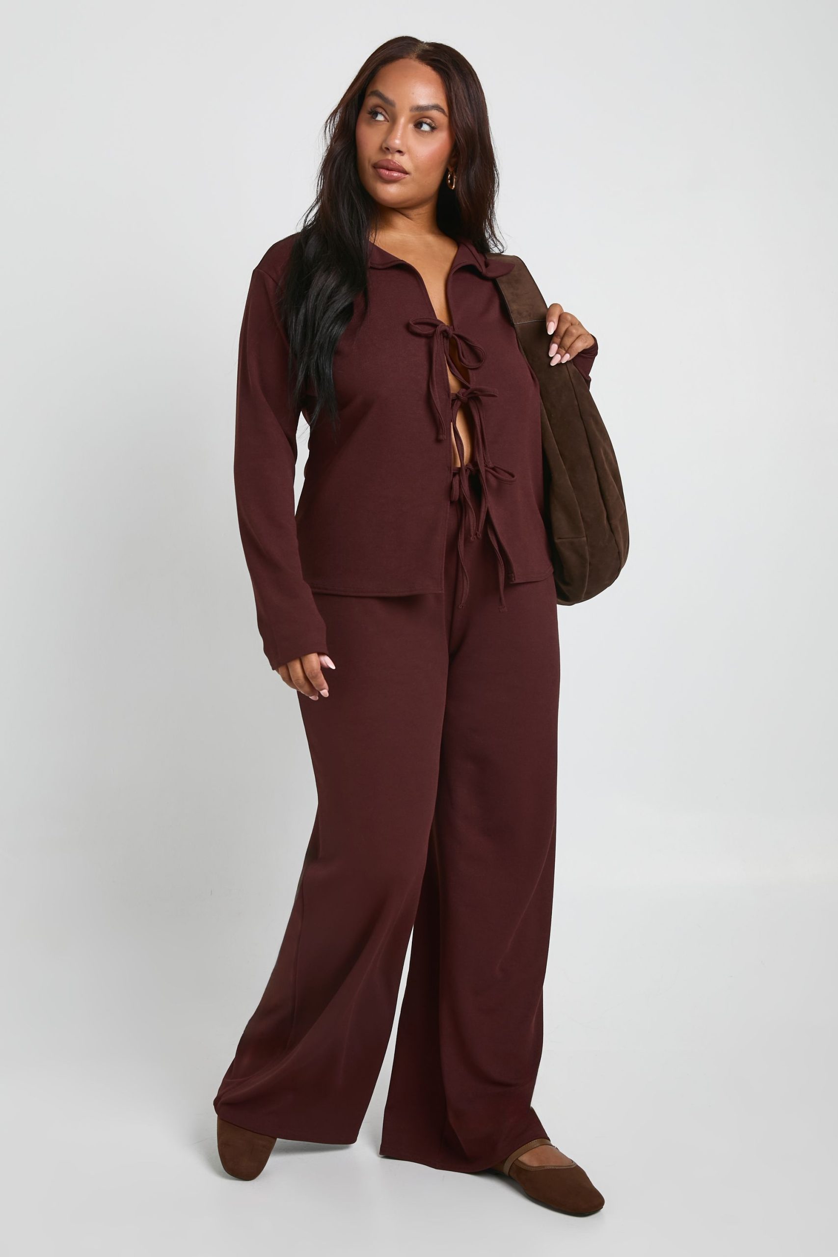 Plus Tie Front Detail Long Sleeve Top and Wide Leg Trouser Co Ord - Image 3