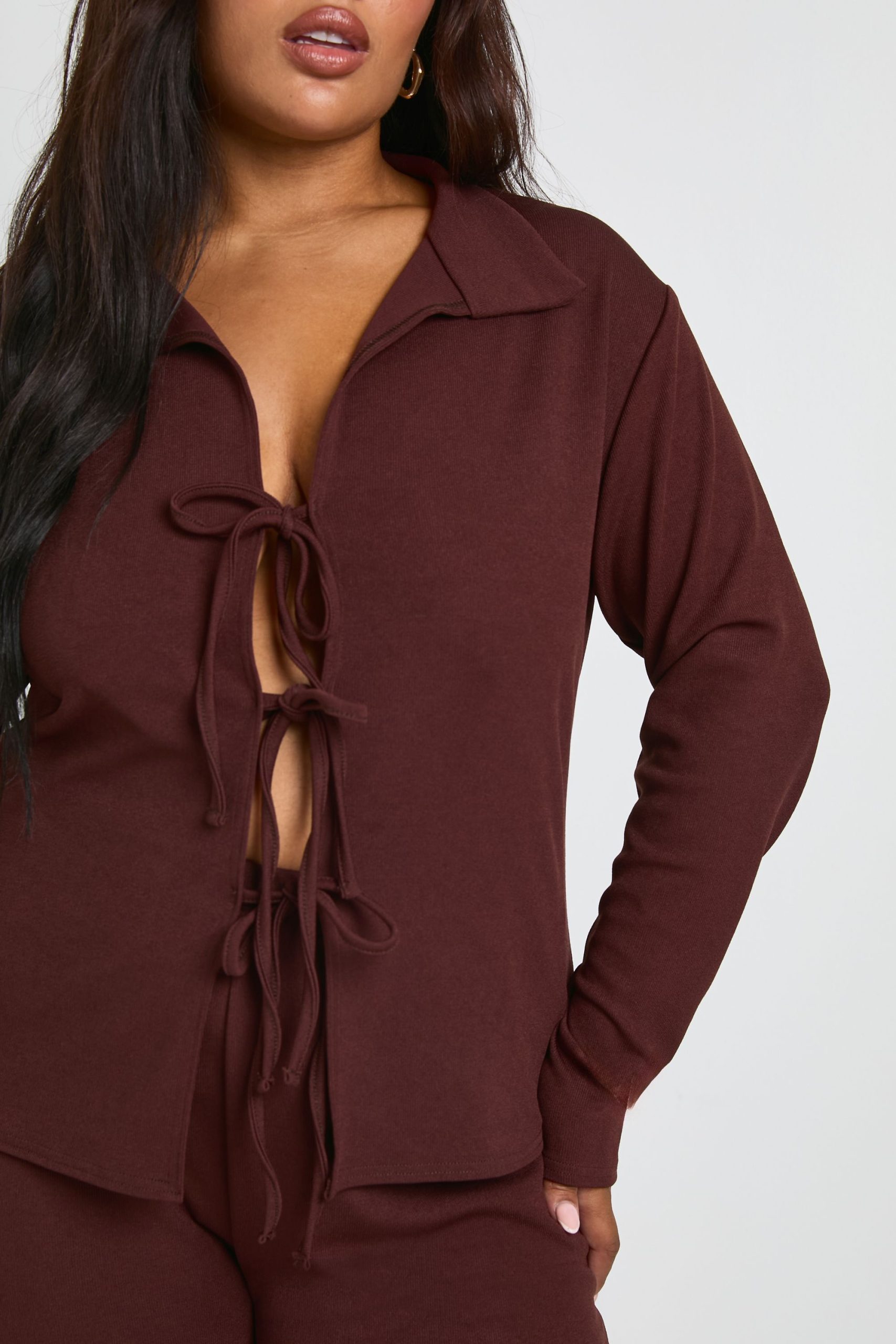 Plus Tie Front Detail Long Sleeve Top and Wide Leg Trouser Co Ord - Image 4