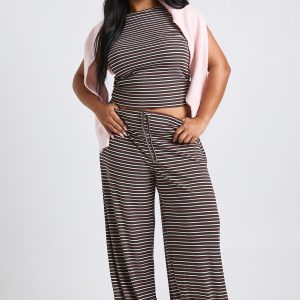 Plus Striped Mid Rise Wide Leg Trouser