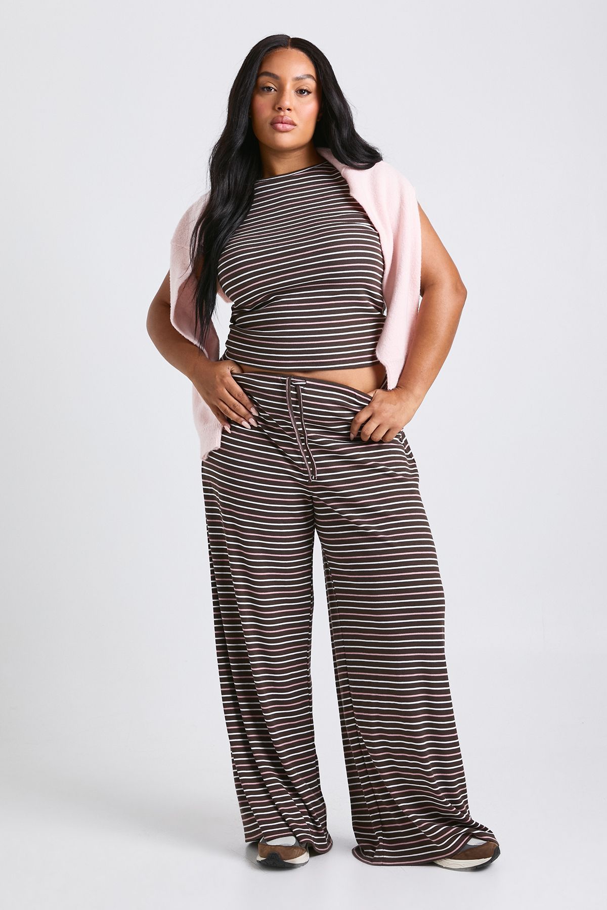 Plus Striped Mid Rise Wide Leg Trouser