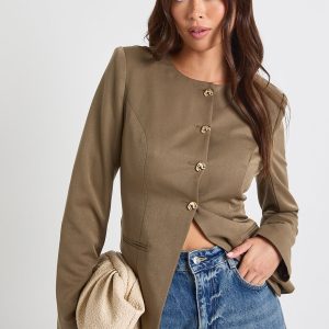 Gold Trim Collarless Tailored Blazer