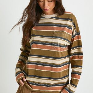 Striped Cotton Long Sleeve Pocket Detail Top
