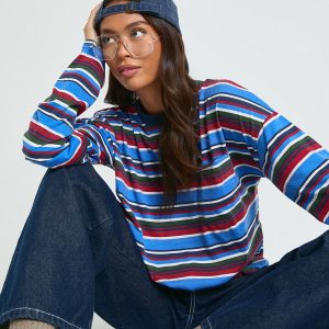 Striped Cotton Long Sleeve Pocket Detail Top