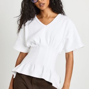 Interlock V Neck Cinched Waist Peplum T-Shirt