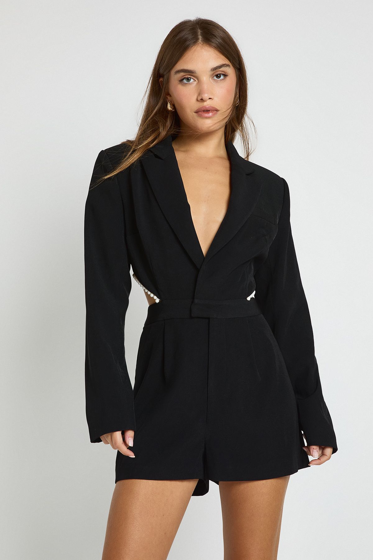 Tailored Open Back Pearl Trim Playsuit