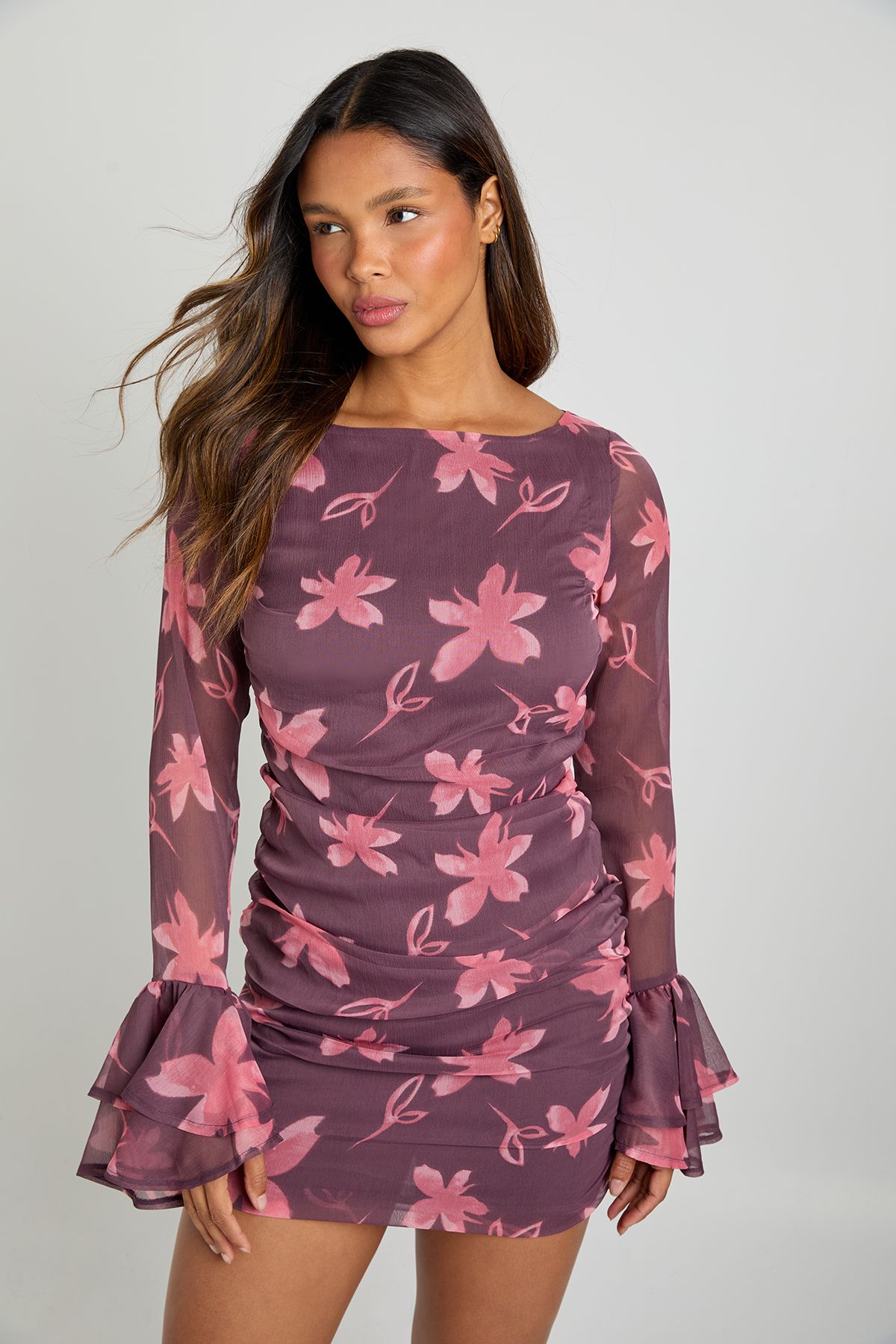 Floral Chiffon Ruffle Mini Dress - Image 3