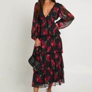 Floral Chiffon Ruffle Midaxi Dress