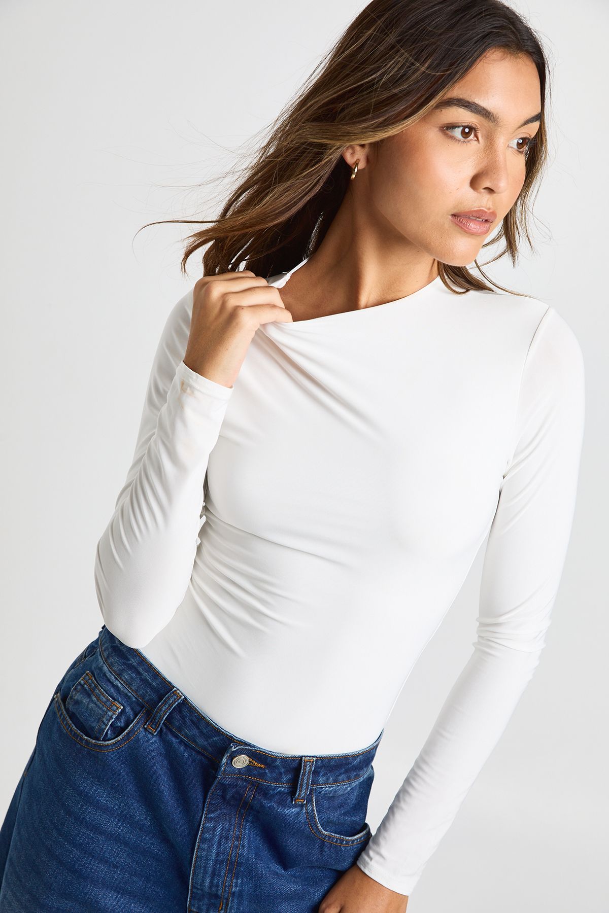 Double Layer Slinky Long Sleeve Crew Neck Bodysuit - Image 3