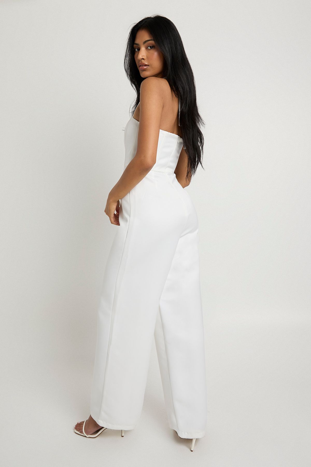 Premium Satin Boned Corset Halterneck Wide Leg Jumpsuit - Image 2