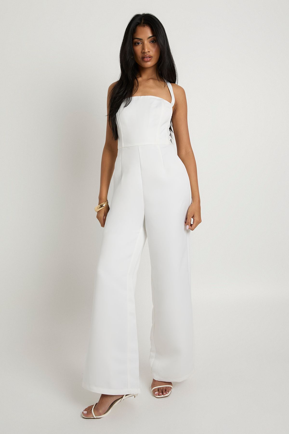 Premium Satin Boned Corset Halterneck Wide Leg Jumpsuit - Image 3