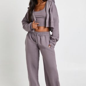 Deep Hem Crop Top 3 Piece Hooded Tracksuit