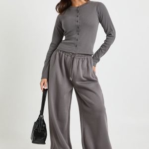 Petite Rib Button Through Long Sleeve Tracksuit