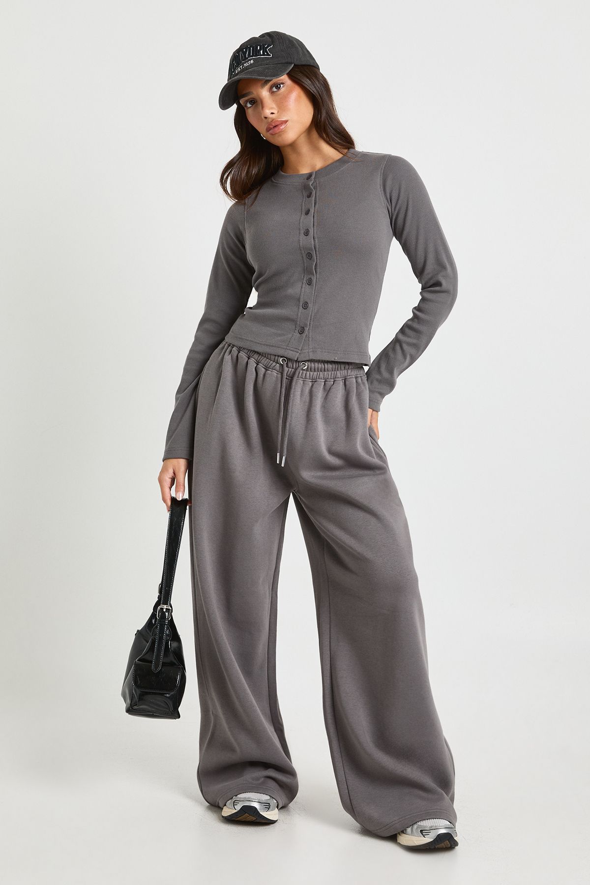 Petite Rib Button Through Long Sleeve Tracksuit
