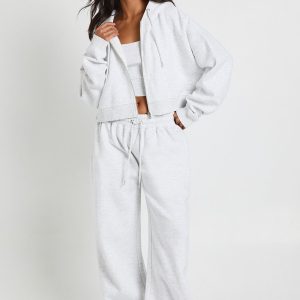 Petite Deep Hem Crop Top 3 Piece Hooded Tracksuit