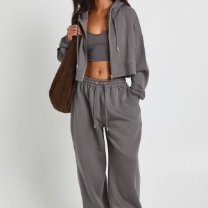 Petite Seam Detail Crop Top 3 Piece Hooded Tracksuit