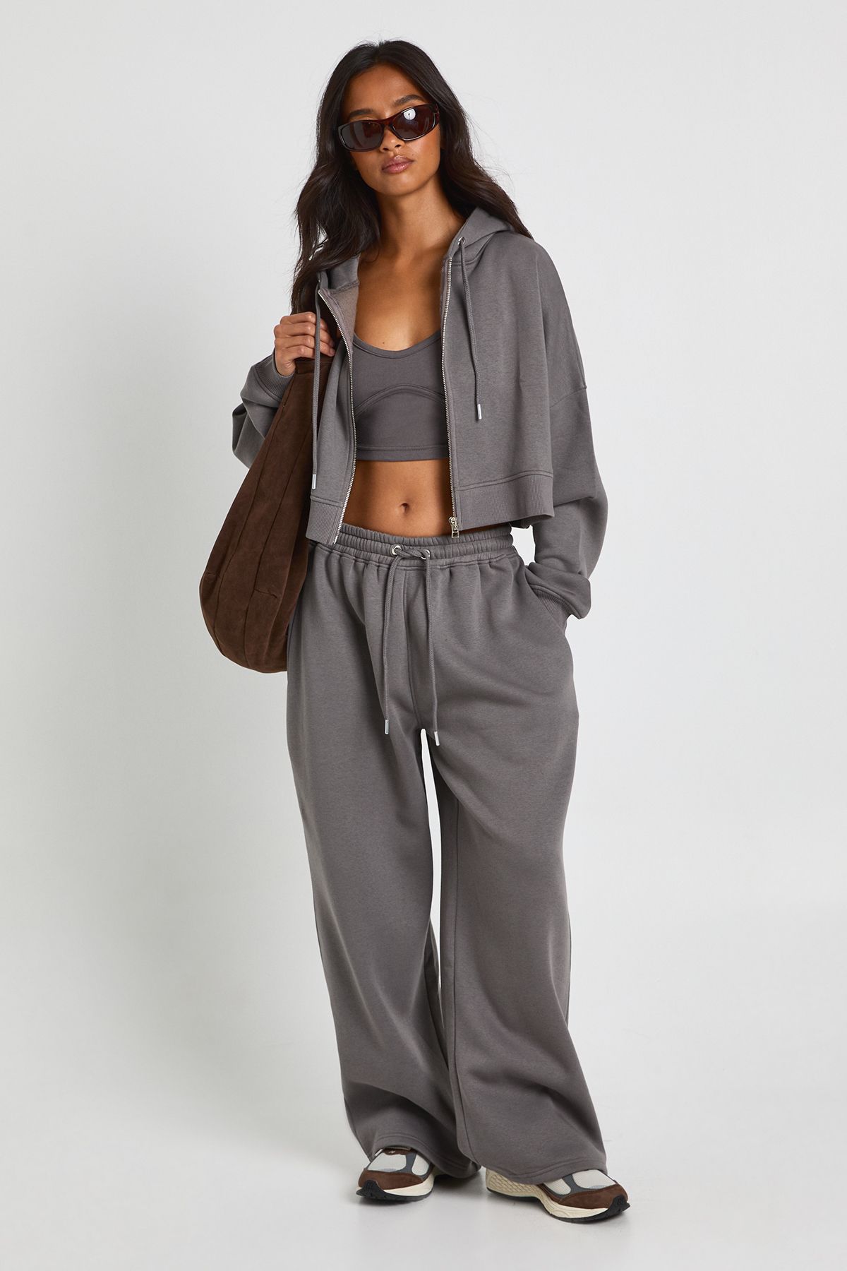 Petite Seam Detail Crop Top 3 Piece Hooded Tracksuit