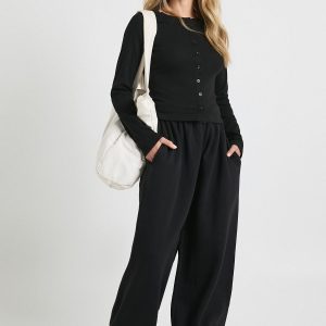 Petite Rib Button Through Long Sleeve Tracksuit