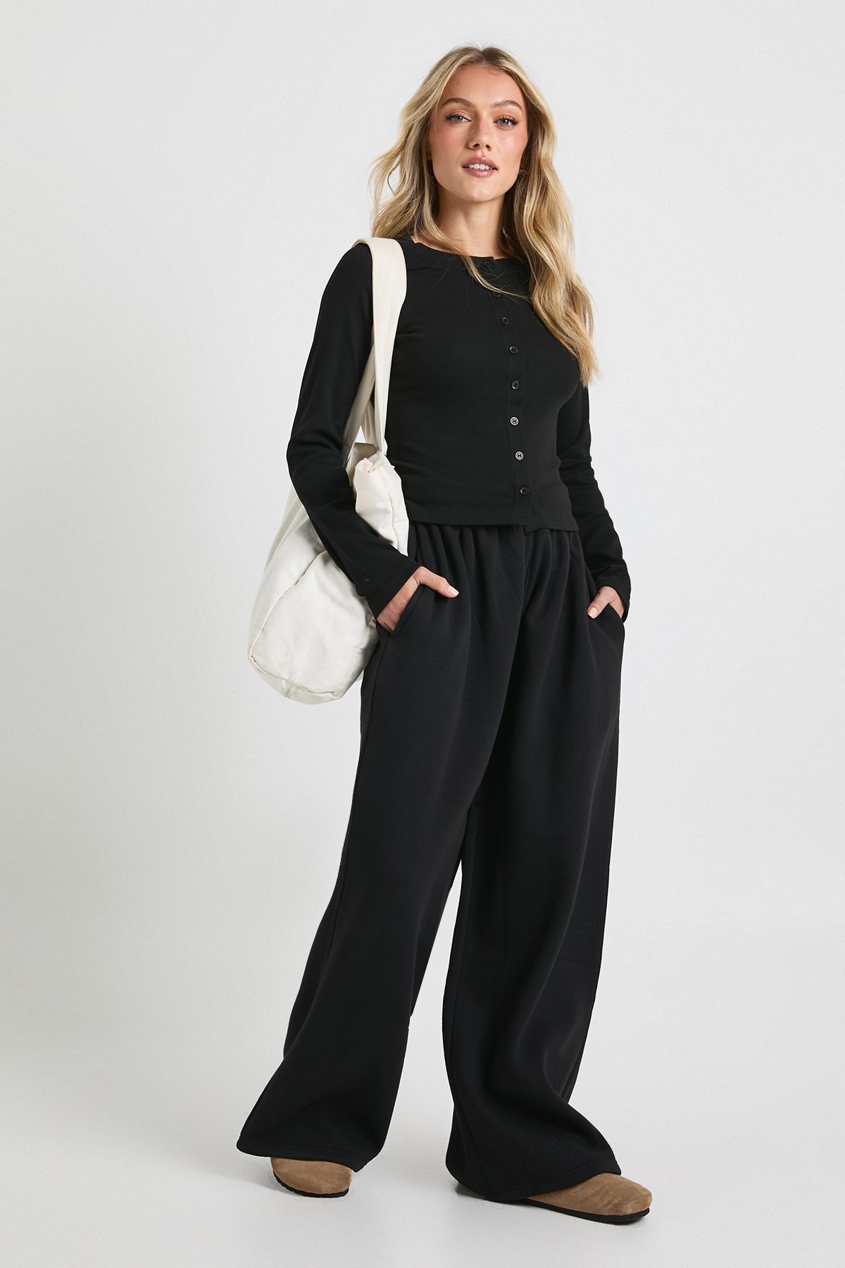 Petite Rib Button Through Long Sleeve Tracksuit