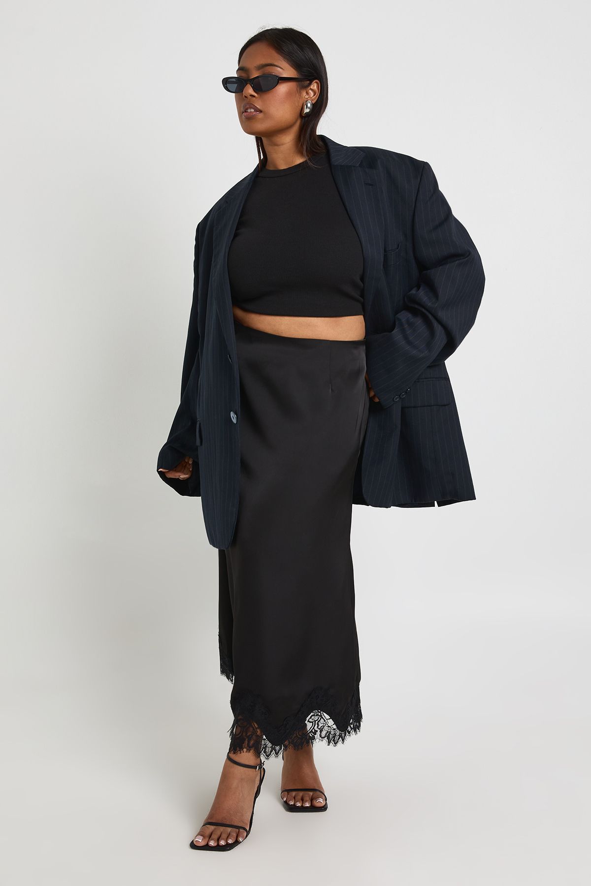 Plus Lace Trim Satin Midaxi Skirt