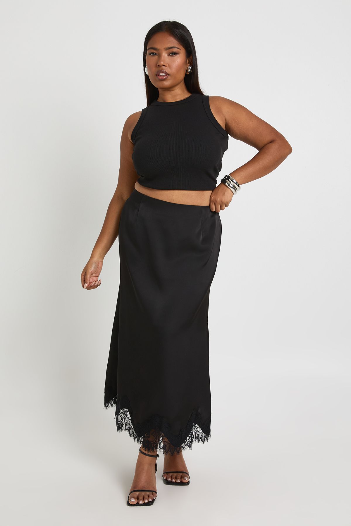 Plus Lace Trim Satin Midaxi Skirt - Image 3