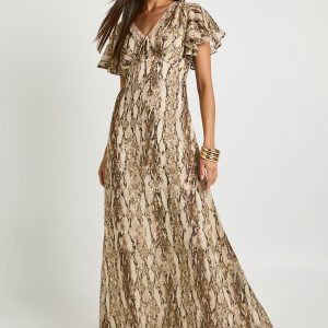 Tall Snake Print Lace Trim Midaxi Dress
