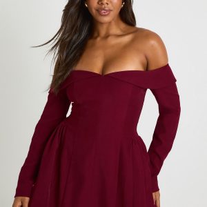 Long Sleeve Bardot Structured Skater Dress