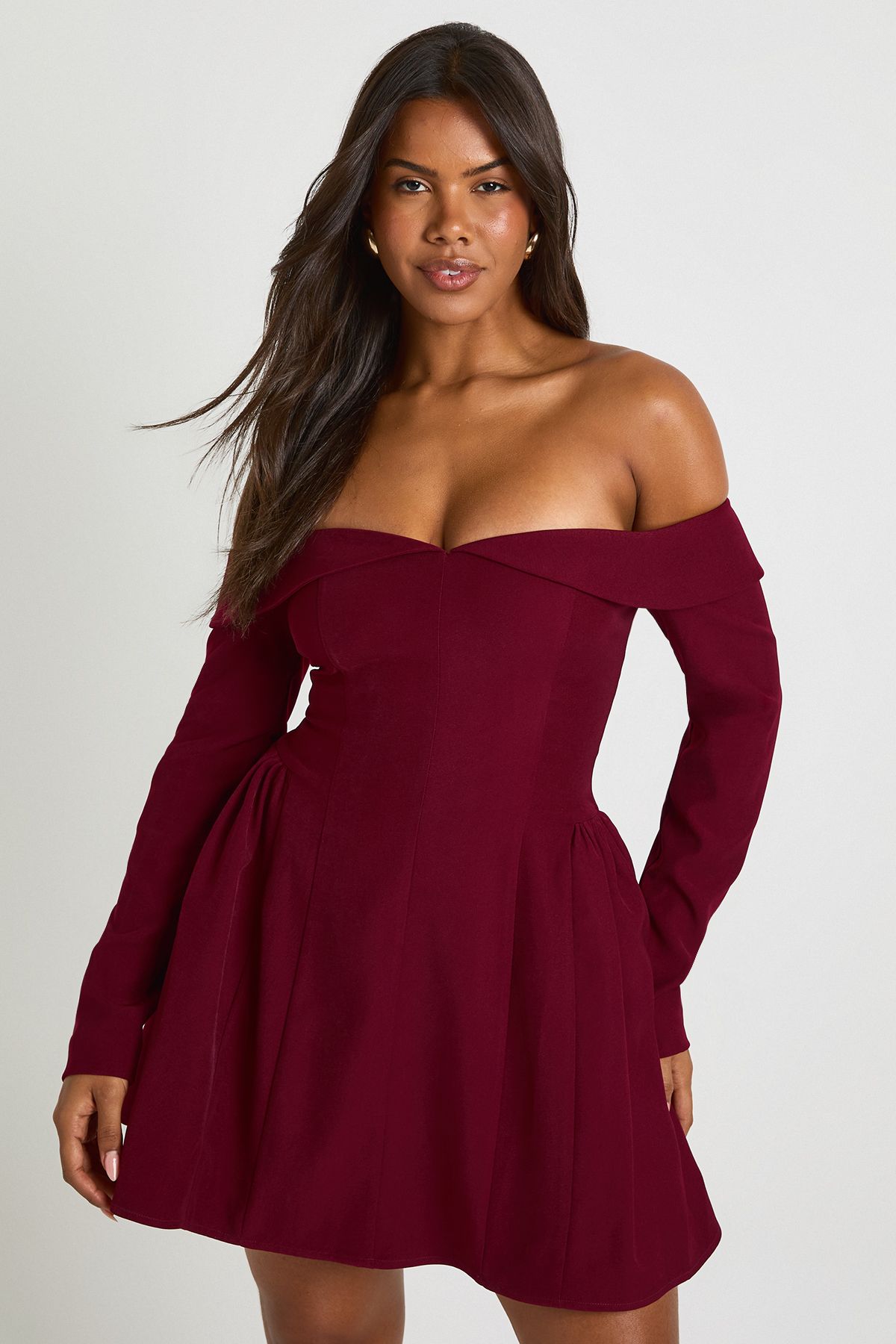 Long Sleeve Bardot Structured Skater Dress