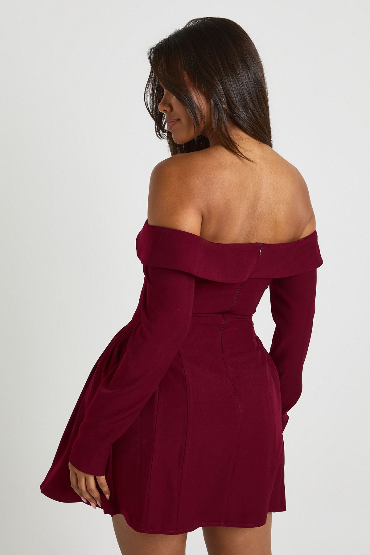 Long Sleeve Bardot Structured Skater Dress - Image 2