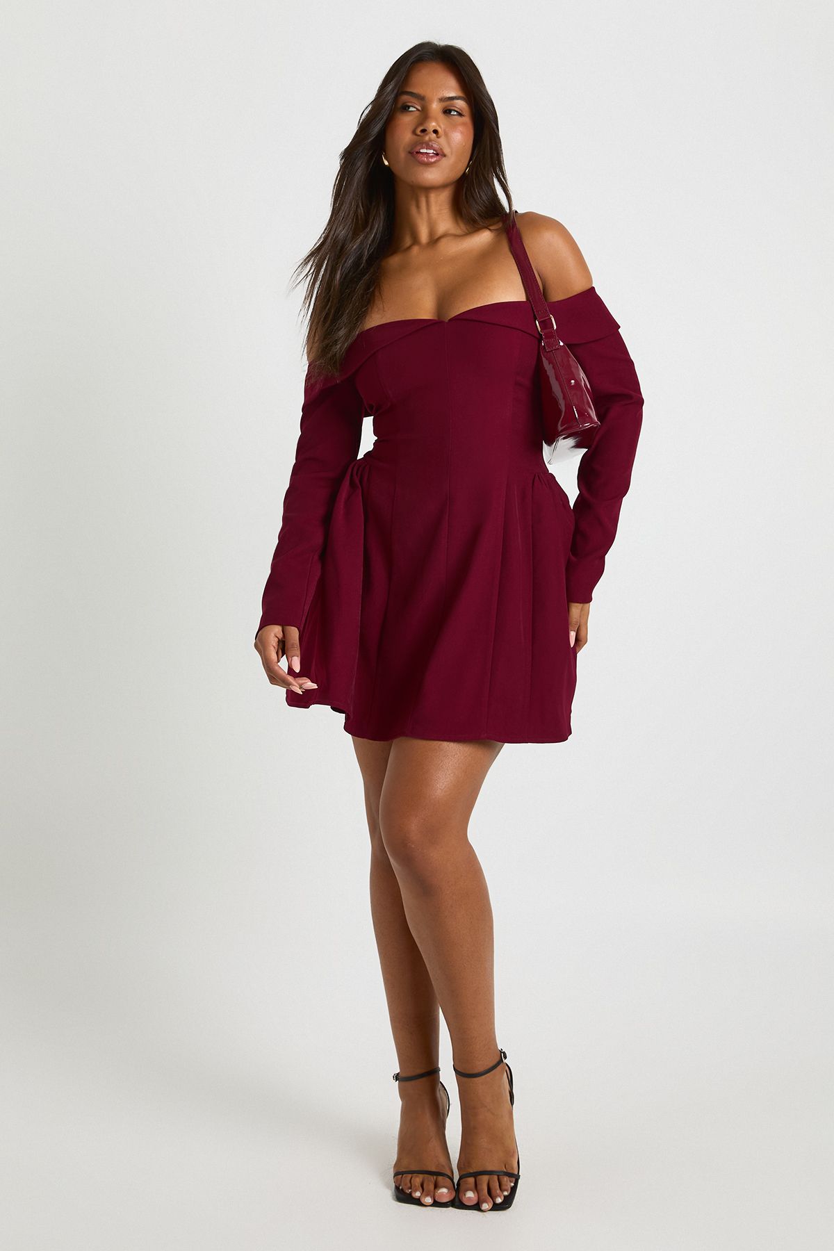 Long Sleeve Bardot Structured Skater Dress - Image 3