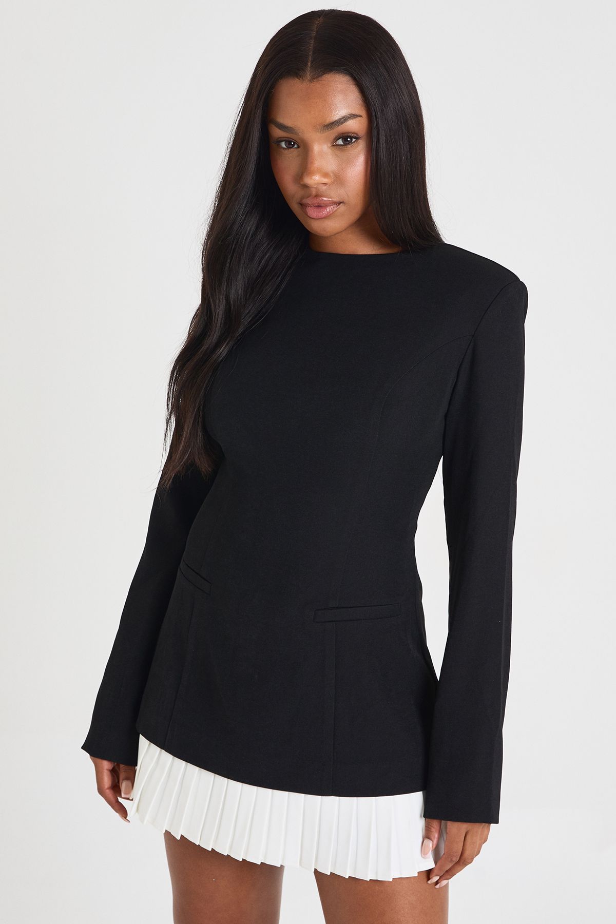 Tailored Pleated Hem Structured Mini Dress