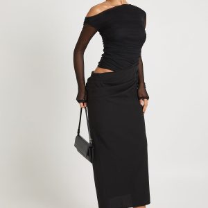 Mesh Mix Draped Midaxi Dress